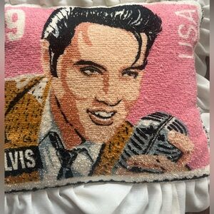 Vintage Elvis throw pillow butter yellow and pink with frills nostalgic